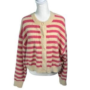 Levi's Cat Cardigan Sweater Jenny Stripe Tan Pink Ultra Soft Fuzzy Sz XXL Girly